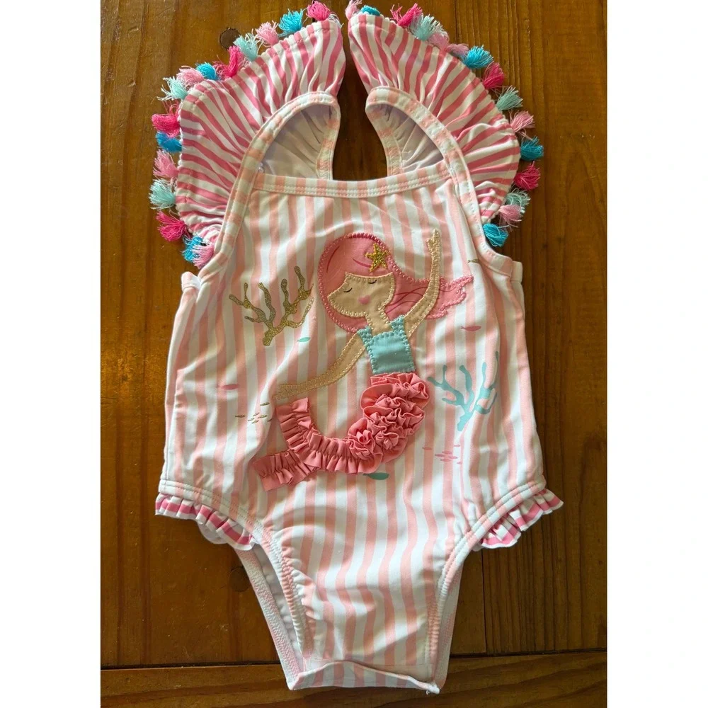Mud Pie Baby Girl Mermaid One Piece Swimsuit Pink Striped Tassel 6-9 Months